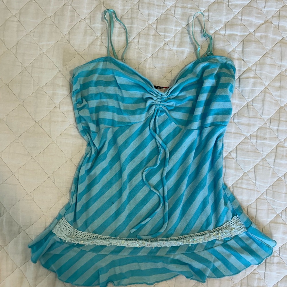Y2K vintage Striped Blue Camisole with Lace Trim size L